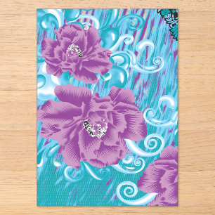 A vibrant textile design featuring purple and turq acrylic invitations