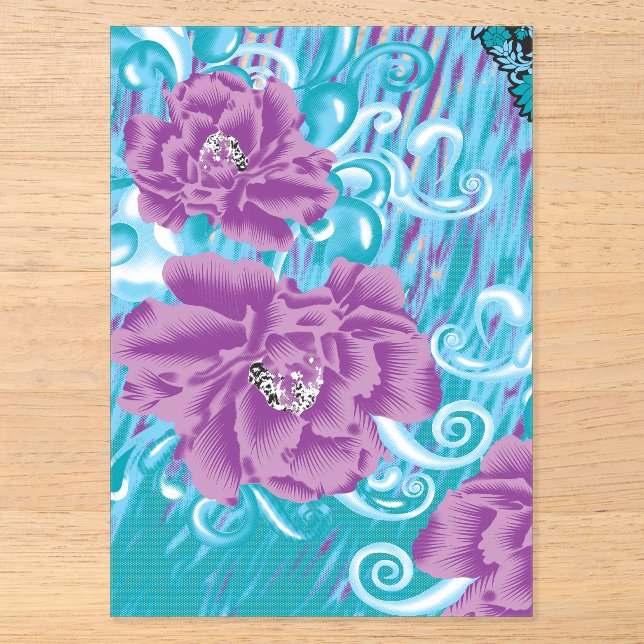A vibrant textile design featuring purple and turq acrylic invitations (Front)