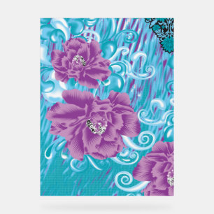 A vibrant textile design featuring purple and turq acrylic sign