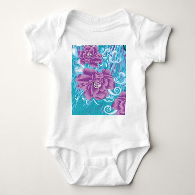 A vibrant textile design featuring purple and turq baby bodysuit (Front)