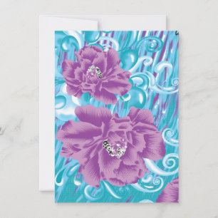 A vibrant textile design featuring purple and turq card