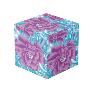 A vibrant textile design featuring purple and turq cube