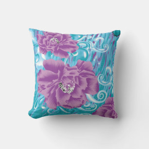 A vibrant textile design featuring purple and turq cushion