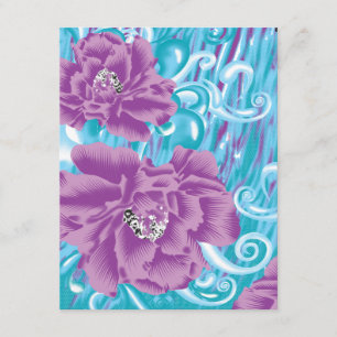 A vibrant textile design featuring purple and turq enclosure card