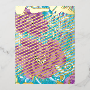 A vibrant textile design featuring purple and turq foil holiday postcard