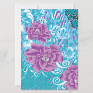 A vibrant textile design featuring purple and turq invitation