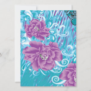 A vibrant textile design featuring purple and turq invitation