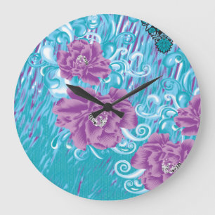 A vibrant textile design featuring purple and turq large clock