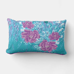A vibrant textile design featuring purple and turq lumbar cushion