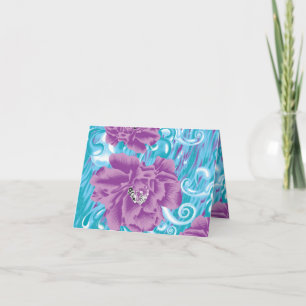 A vibrant textile design featuring purple and turq note card