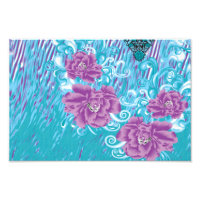 A vibrant textile design featuring purple and turq