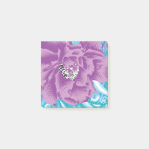 A vibrant textile design featuring purple and turq post-it notes