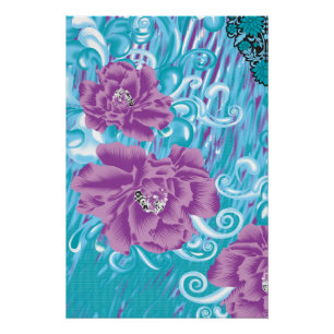 A vibrant textile design featuring purple and turq poster