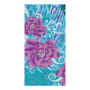 A vibrant textile design featuring purple and turq poster