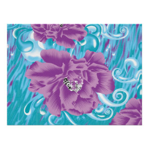 A vibrant textile design featuring purple and turq poster