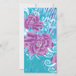A vibrant textile design featuring purple and turq thank you card