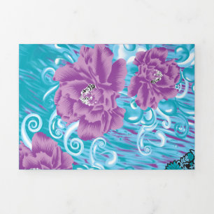 A vibrant textile design featuring purple and turq Tri-Fold holiday card