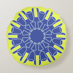 A vibrant yellow blue classic fabric pattern round cushion