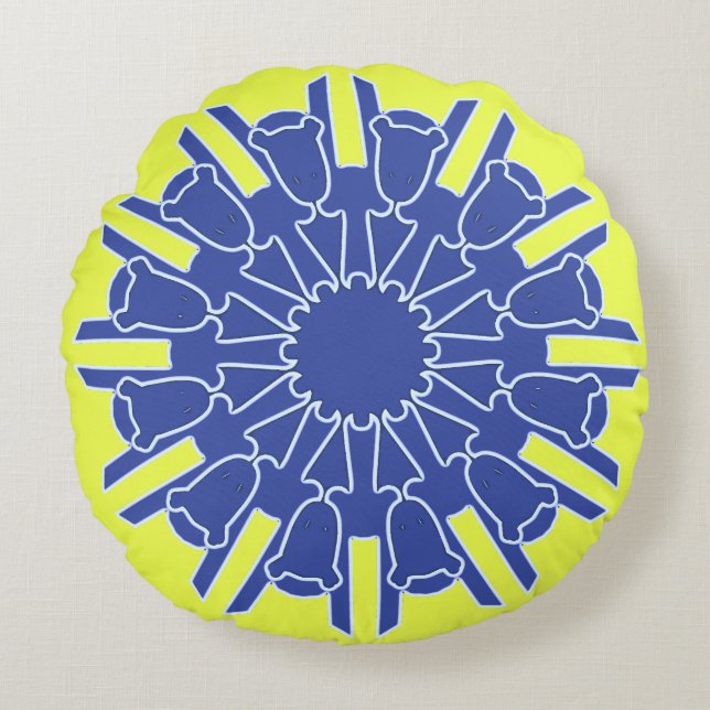 A vibrant yellow blue classic fabric pattern  round cushion (Front)