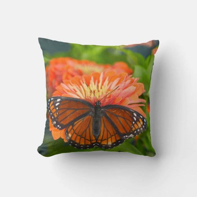A Viceroy Butterfly on Orange Zinnias Cushion (Front)
