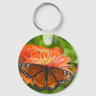 A Viceroy Butterfly on Orange Zinnias Key Ring