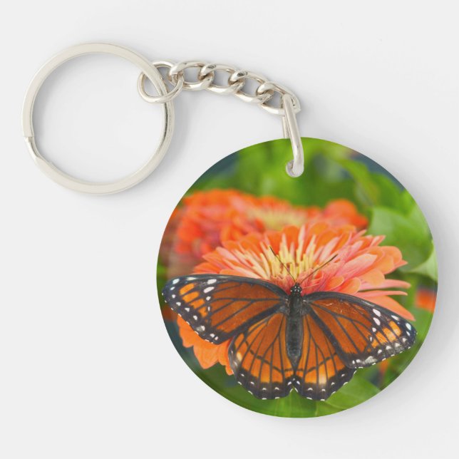 A Viceroy Butterfly on Orange Zinnias Key Ring (Front)