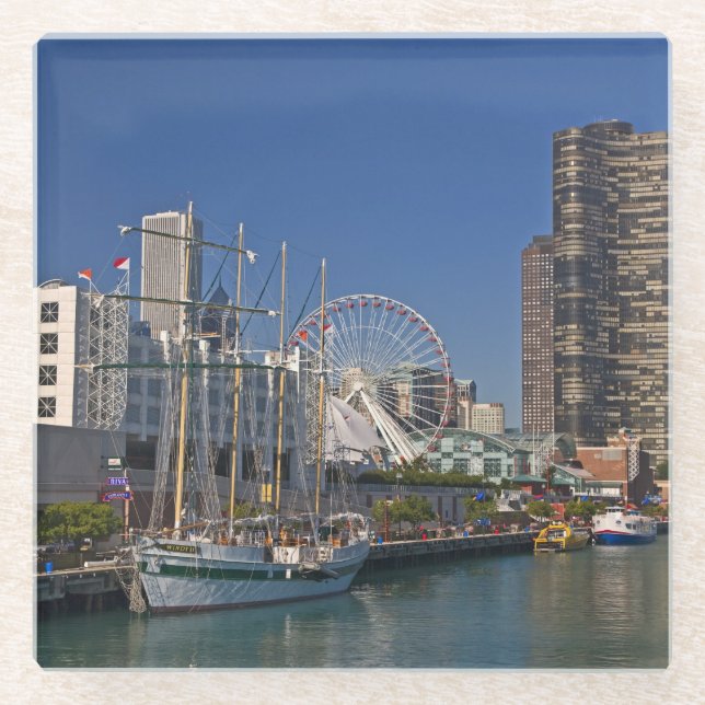 A view of Chicago's Navy Pier 2 Glass Coaster (Front)