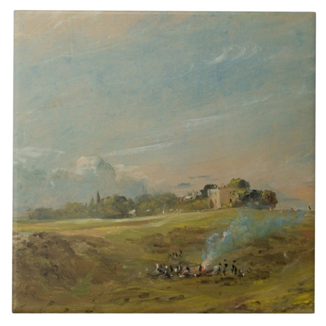 A View of Hampstead Heath, with figures round a bo Tile (Front)