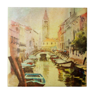 A View Of The Canal With Boats And Buildings Ceramic Tile