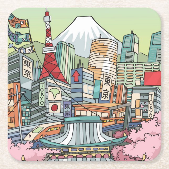 A View of Tokyo Square Paper Coaster (Front)