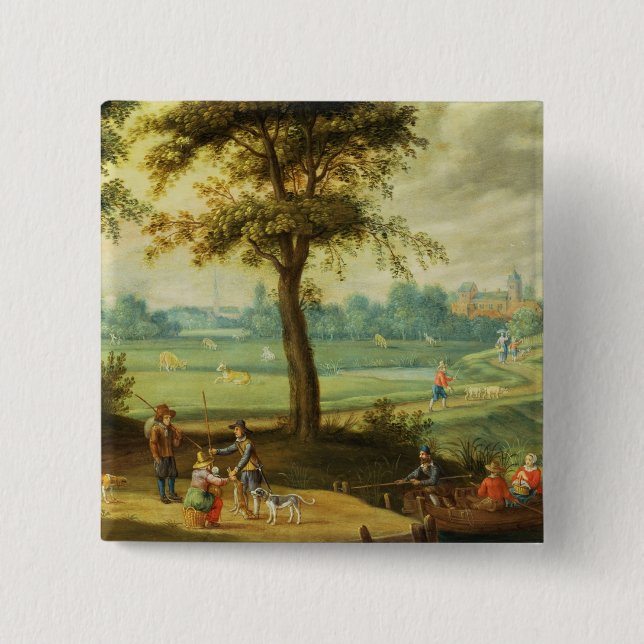 A Village Landscape by a River 15 Cm Square Badge (Front)
