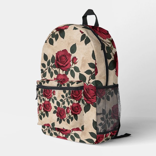 A Vintage Crimson Roses  Printed Backpack (Back Corner Right)
