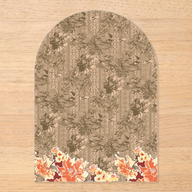 A vintage floral pattern with intricate brown desi acrylic invitations (Front)