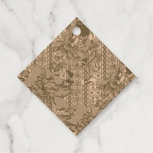 A vintage floral pattern with intricate brown desi favour tags