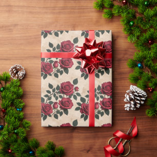 A Vintage Inspired Pattern Of Crimson Roses  Wrapping Paper