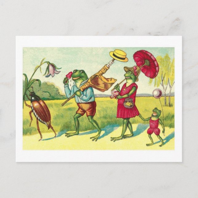 A vintage public domain illustration of frogs with postcard (Front)