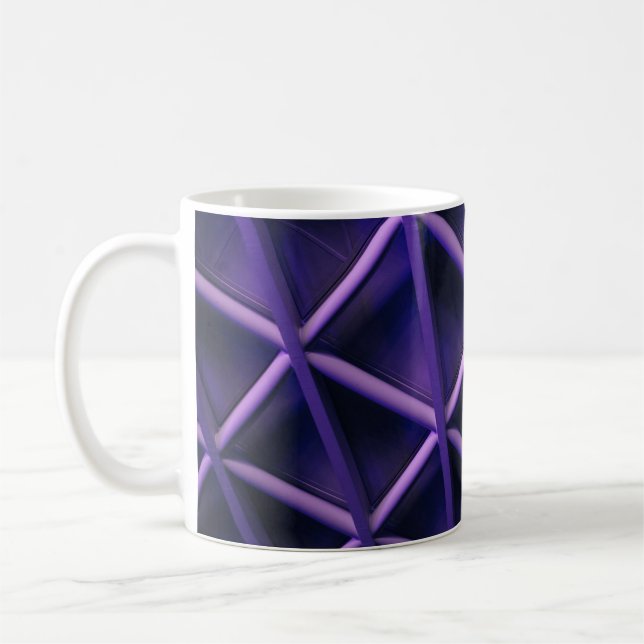 A violet ceiling with a criss-cross pattern; a blu coffee mug (Left)