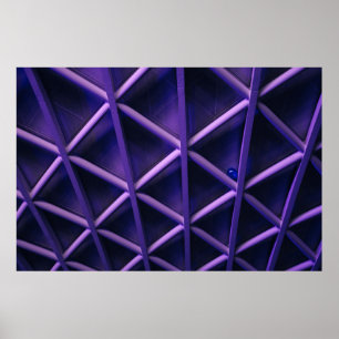 A violet ceiling with a criss-cross pattern; a blu poster
