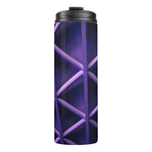 A violet ceiling with a criss-cross pattern; a blu thermal tumbler