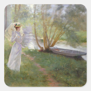 A walk by the river, 1890 square sticker