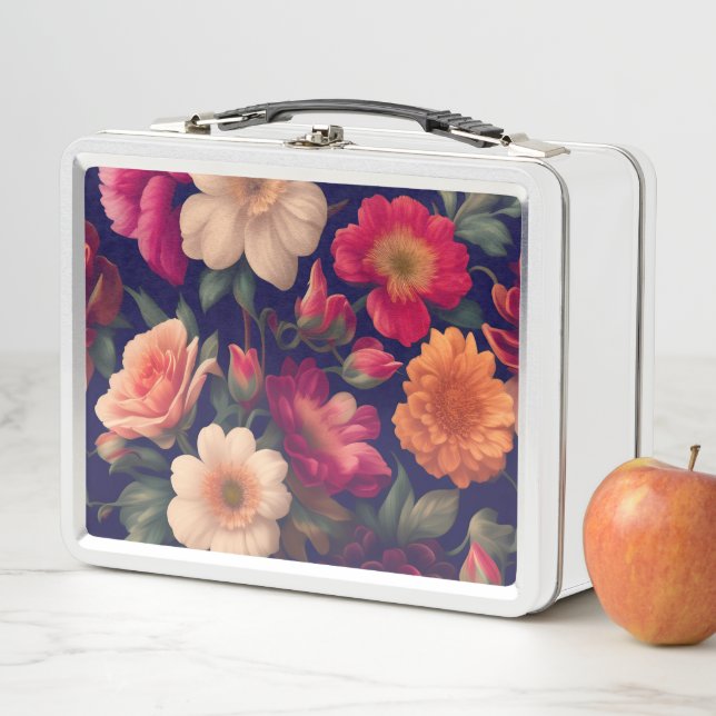 A wallpaper with a floral pattern  metal lunch box (In Situ)
