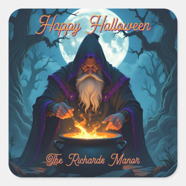A Warlock Brewing up a Halloween Party Square Sticker (Front)