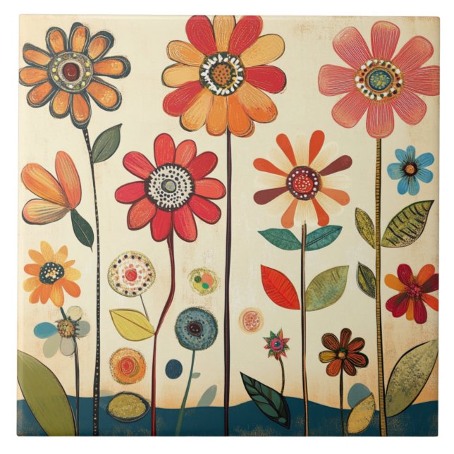 A Warm Terracotta Zinnia Patch Ceramic Tile (Front)