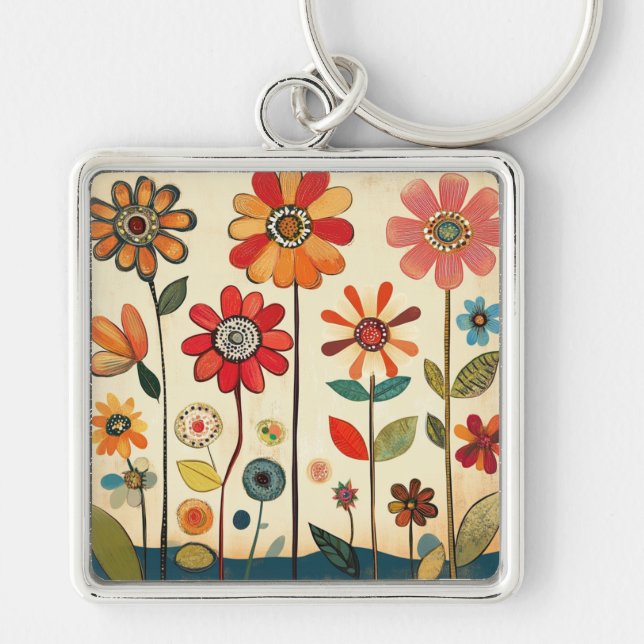 A Warm Terracotta Zinnia Patch Key Ring (Front)