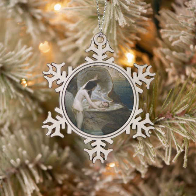 A Water Baby Found in Seashell by Bikini Nymph Snowflake Pewter Christmas Ornament (Tree)