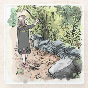a water color illustration of a woman walking alon glass coaster