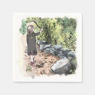 a water color illustration of a woman walking alon napkin