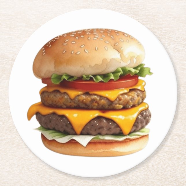A Watercolor Drawing of a Cheeseburger Round Paper Coaster (Front)