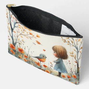 A Watercolor Painting Of Little Girl & Bird Accessory Pouch