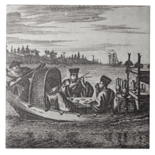 A Wealthy Mandarin Dining in a Boat, illustration Ceramic Tile